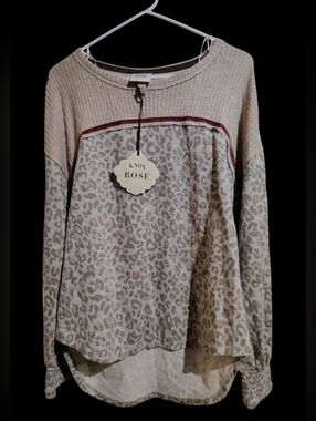 Knox Rose Mixed Media French Terry Leopard High Low Long Cinched Sleeve Top M Nw